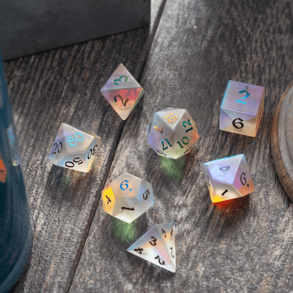 Gemstone (Inked) Raised Dichroic Glass DND Dice Set - The misfit market