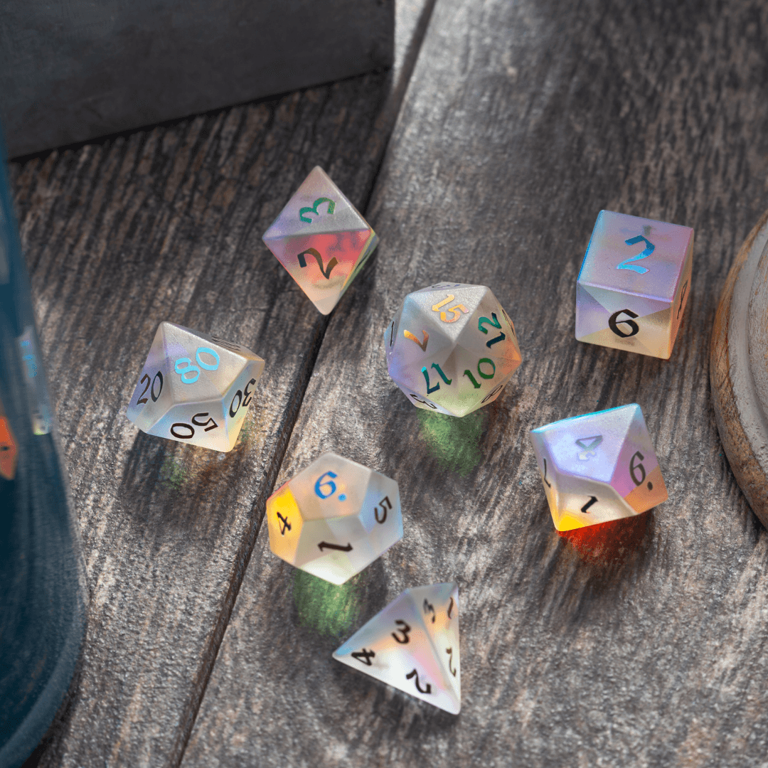 Gemstone (Inked) Raised Dichroic Glass DND Dice Set - The misfit market