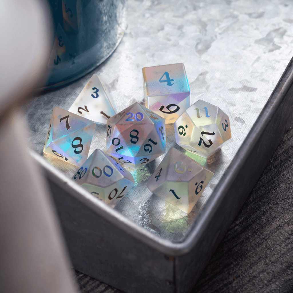Gemstone (Inked) Raised Dichroic Glass DND Dice Set - The misfit market