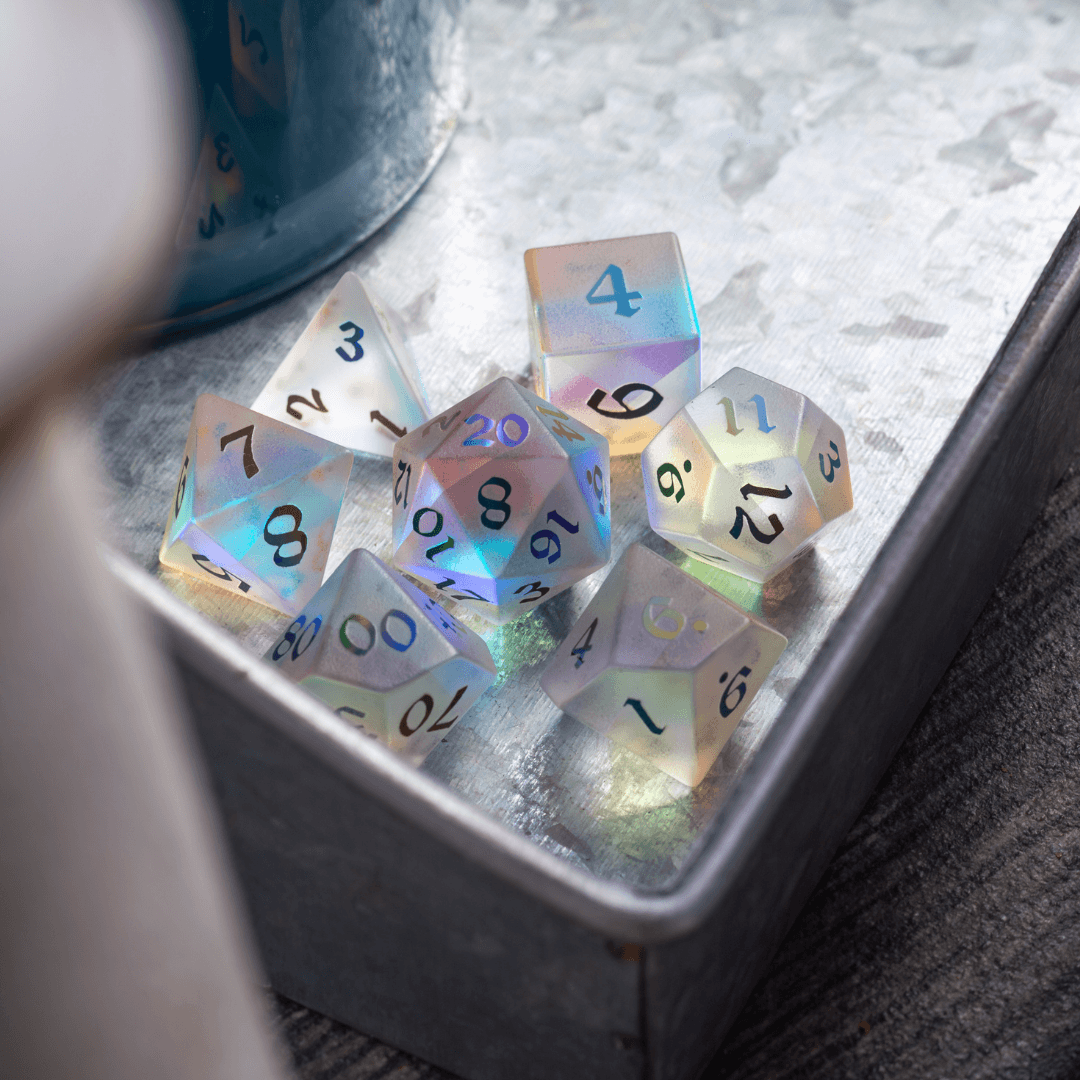 Gemstone (Inked) Raised Dichroic Glass DND Dice Set - The misfit market