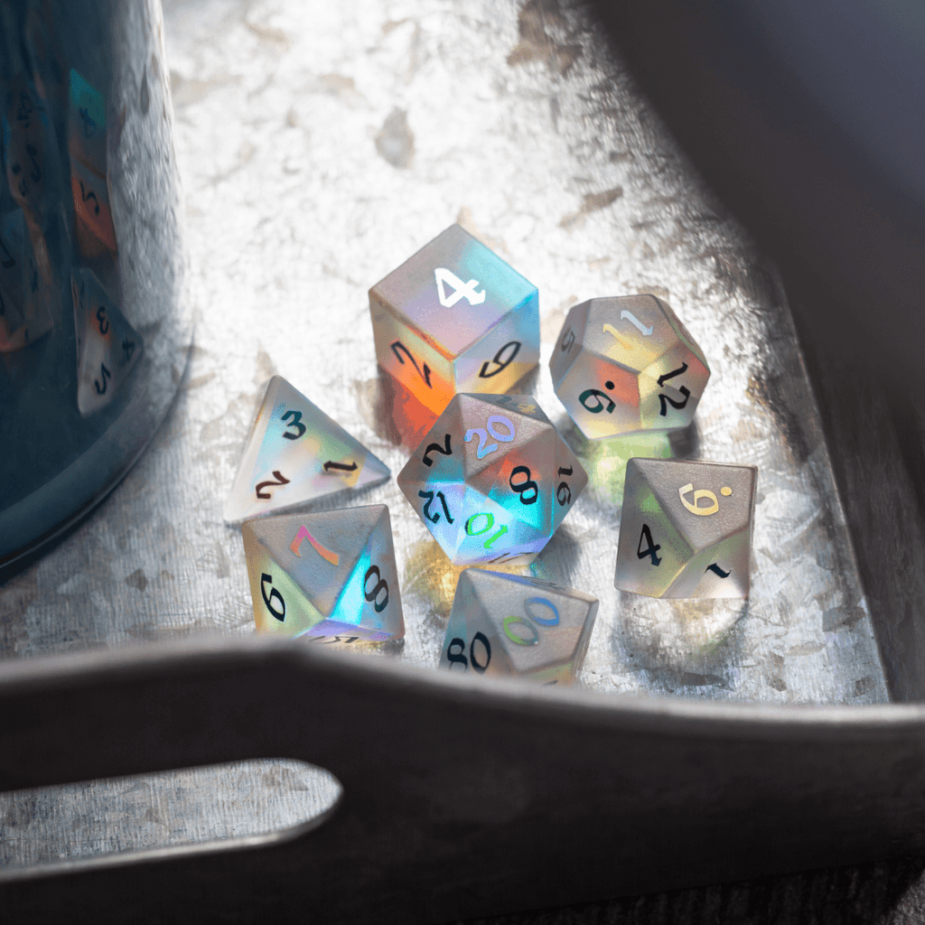 Gemstone (Inked) Raised Dichroic Glass DND Dice Set - The misfit market
