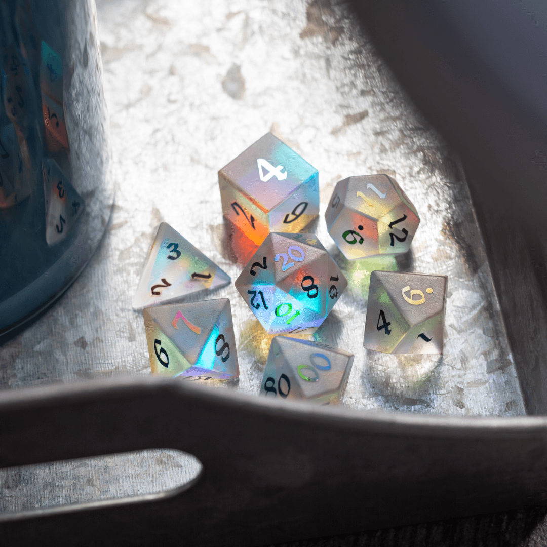 Gemstone (Inked) Raised Dichroic Glass DND Dice Set - The misfit market
