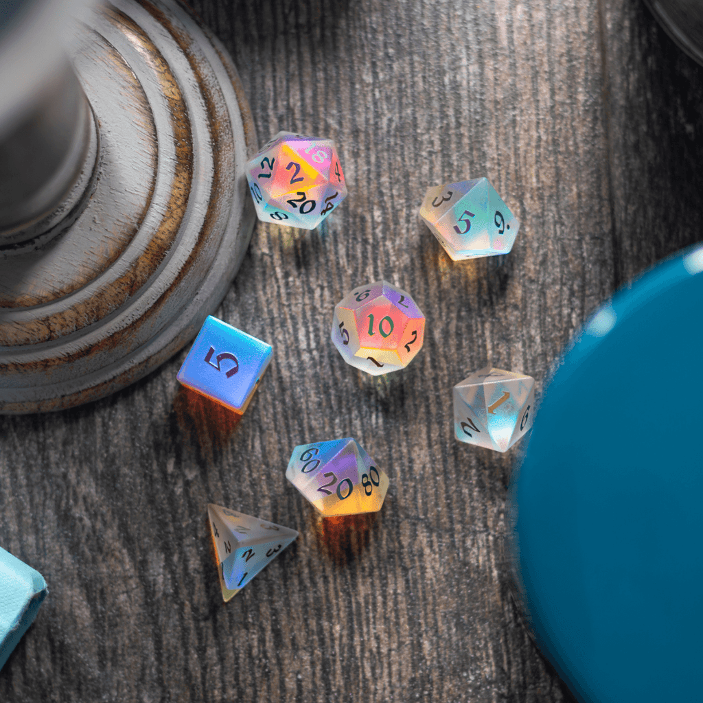 Gemstone (Inked) Raised Dichroic Glass DND Dice Set - The misfit market