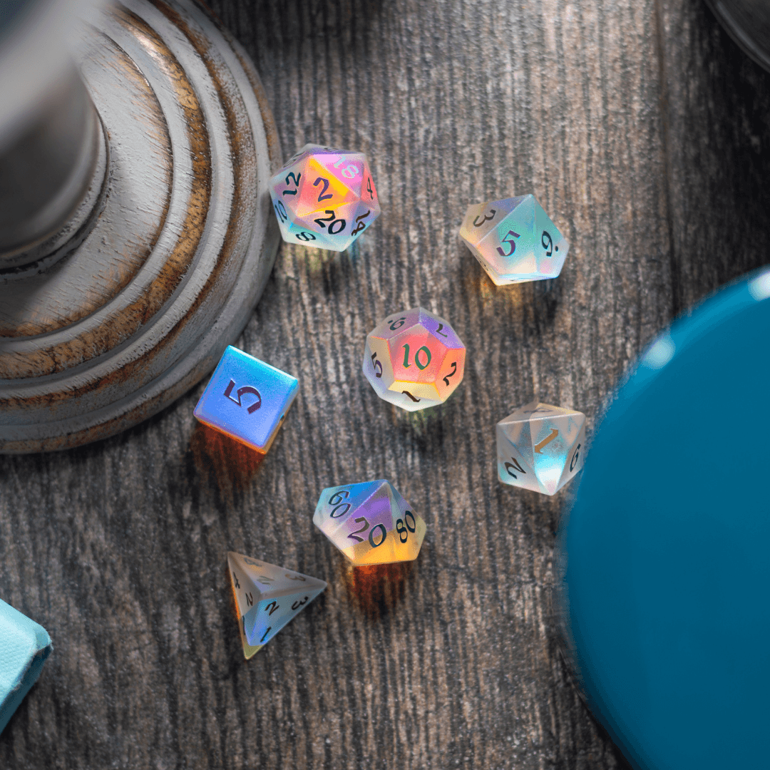 Gemstone (Inked) Raised Dichroic Glass DND Dice Set - The misfit market
