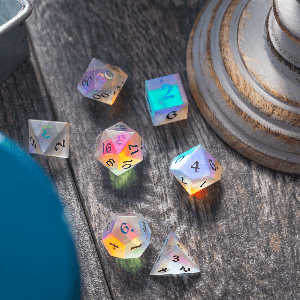 Gemstone (Inked) Raised Dichroic Glass DND Dice Set - The misfit market