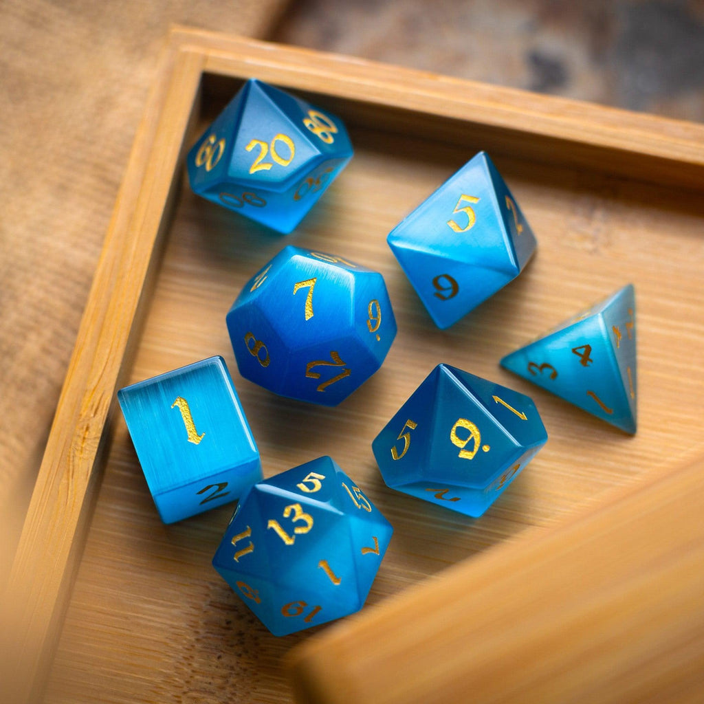 Gemstone Light Blue Cats Eye Stone Hand Carved DND Dice Set - The misfit market