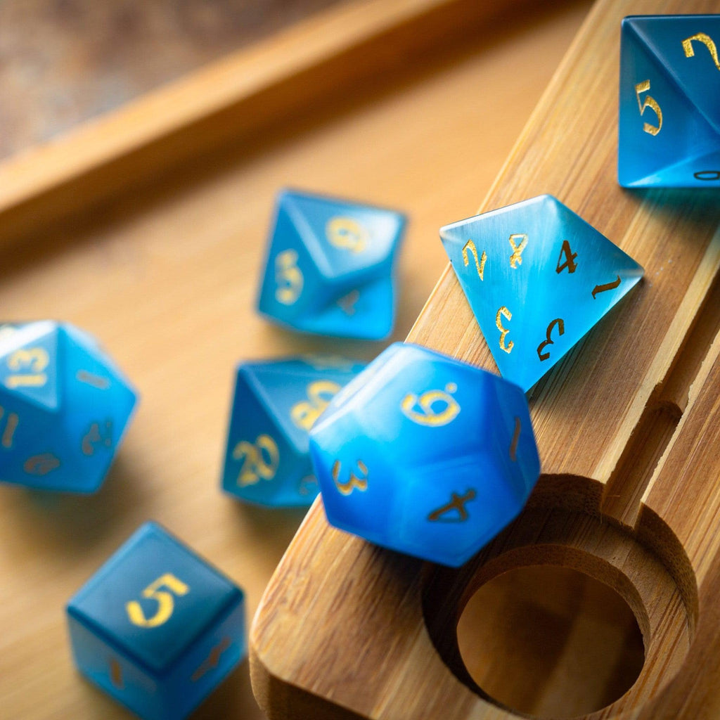 Gemstone Light Blue Cats Eye Stone Hand Carved DND Dice Set - The misfit market