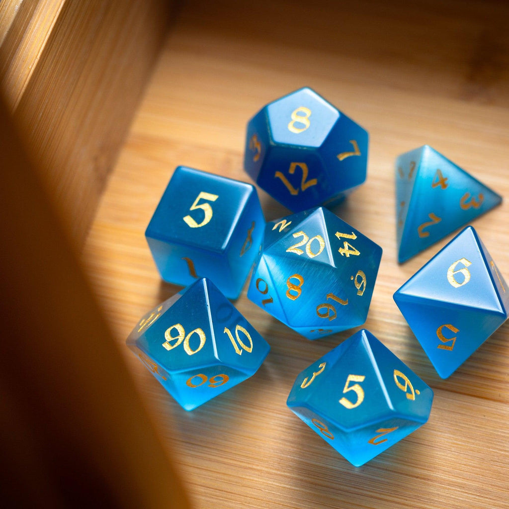 Gemstone Light Blue Cats Eye Stone Hand Carved DND Dice Set - The misfit market
