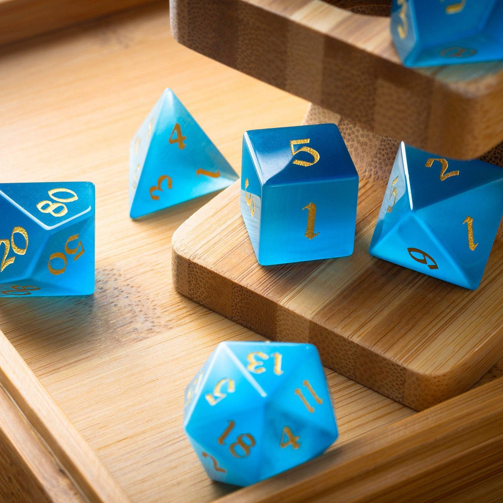 Gemstone Light Blue Cats Eye Stone Hand Carved DND Dice Set - The misfit market