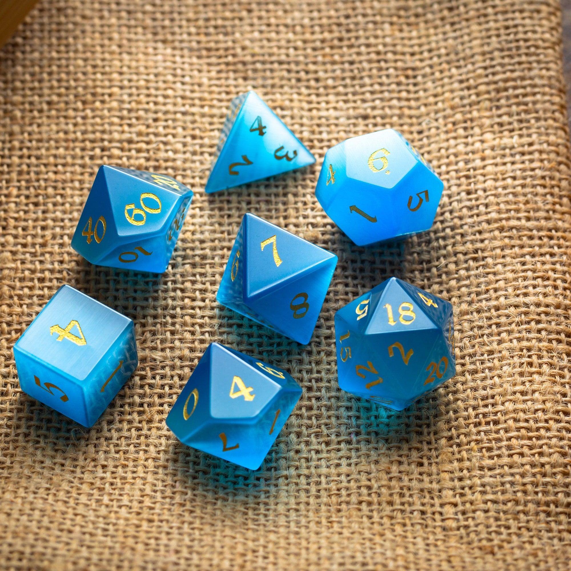 Gemstone Light Blue Cats Eye Stone Hand Carved DND Dice Set - The misfit market