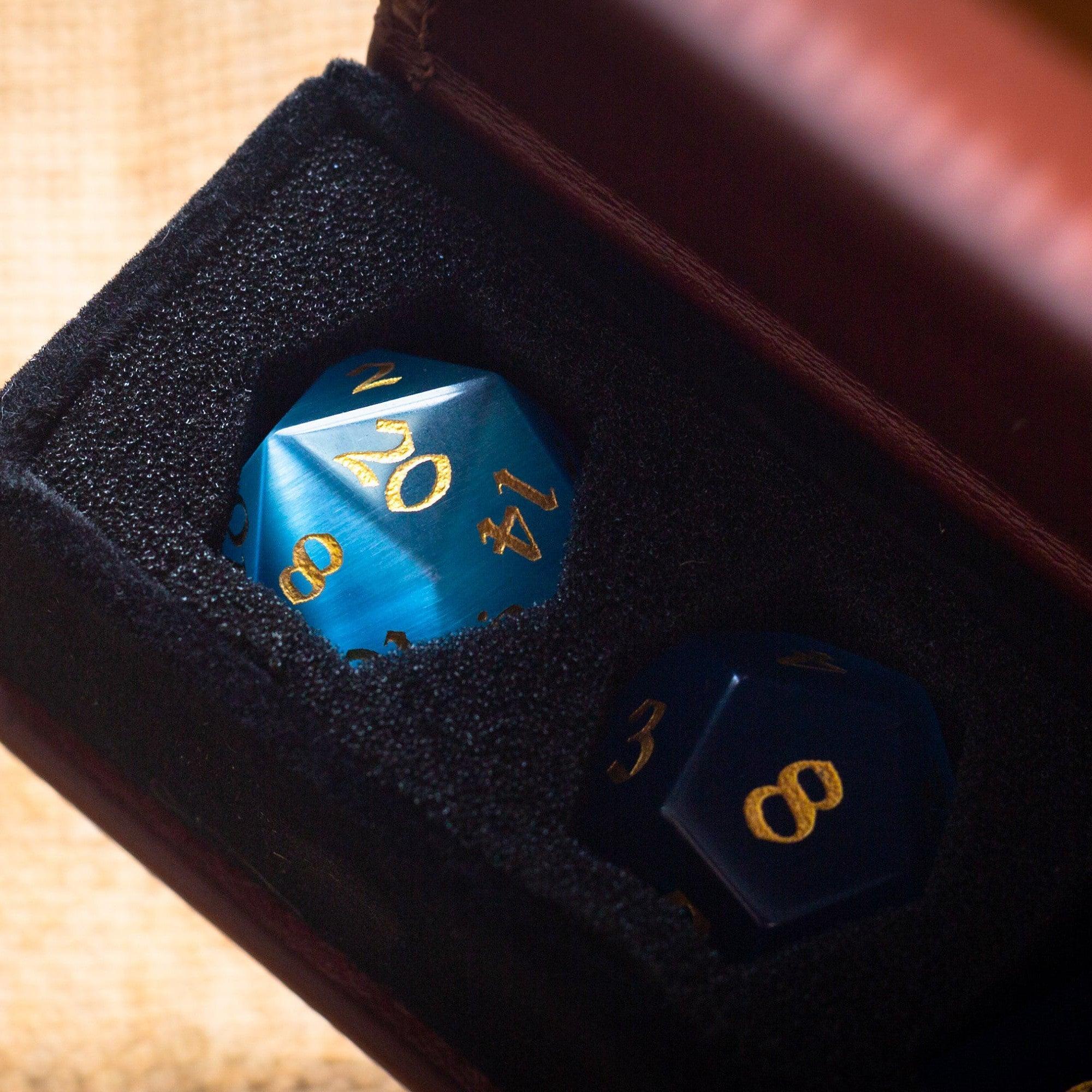 Gemstone Light Blue Cats Eye Stone Hand Carved DND Dice Set - The misfit market