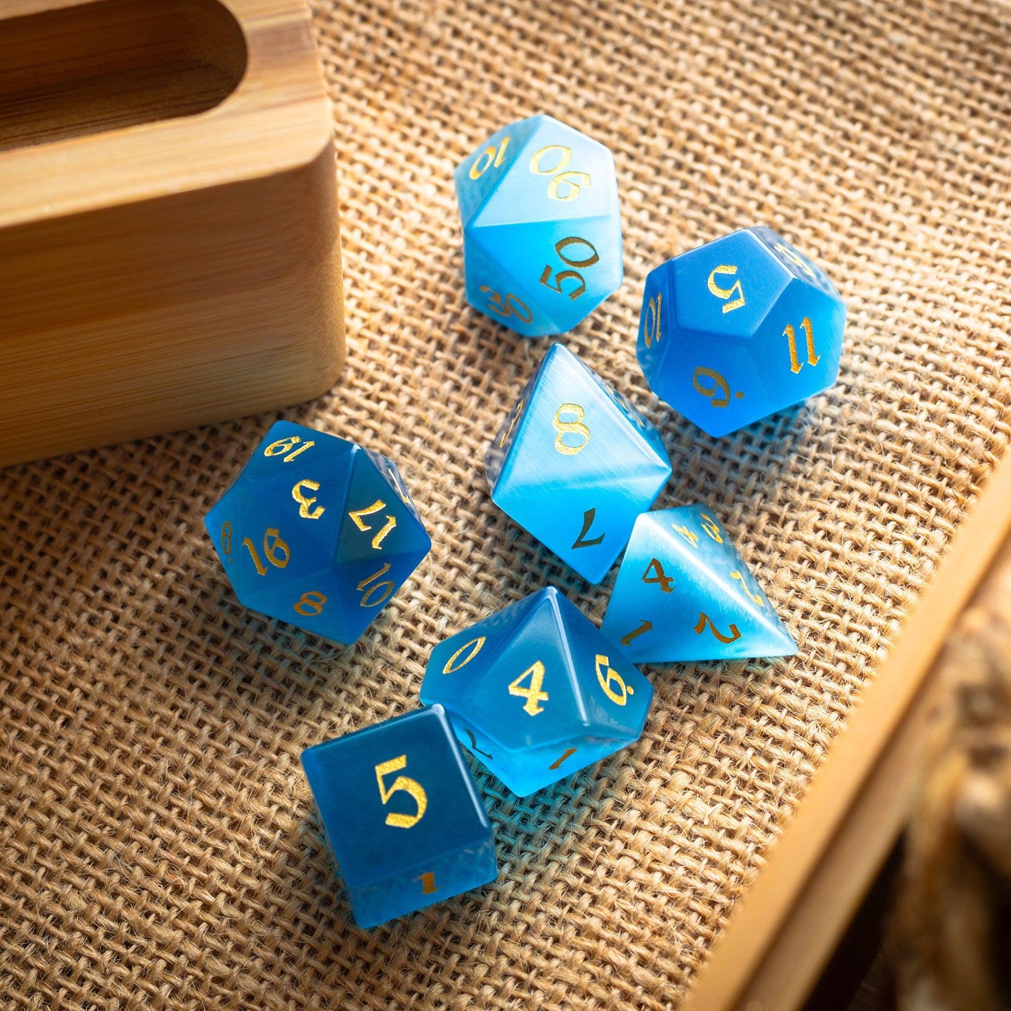 Gemstone Light Blue Cats Eye Stone Hand Carved DND Dice Set - The misfit market