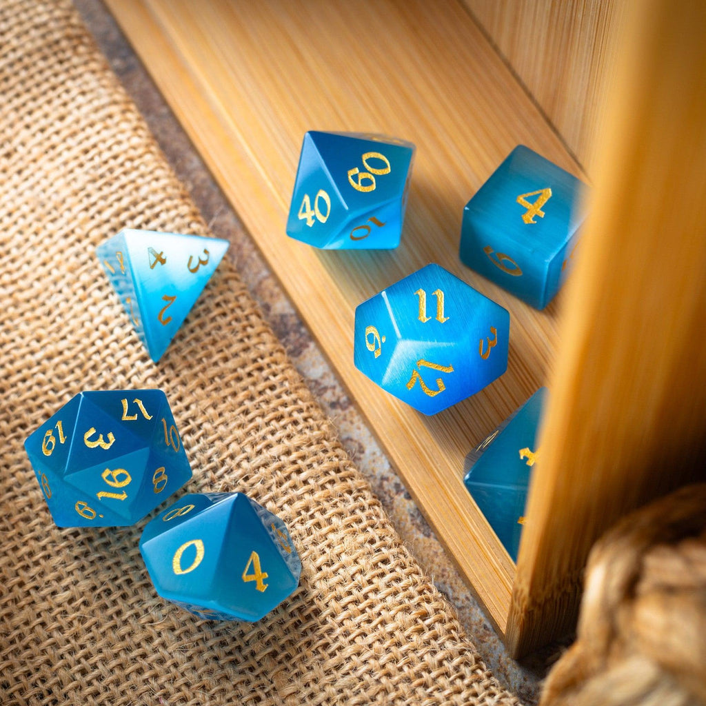 Gemstone Light Blue Cats Eye Stone Hand Carved DND Dice Set - The misfit market