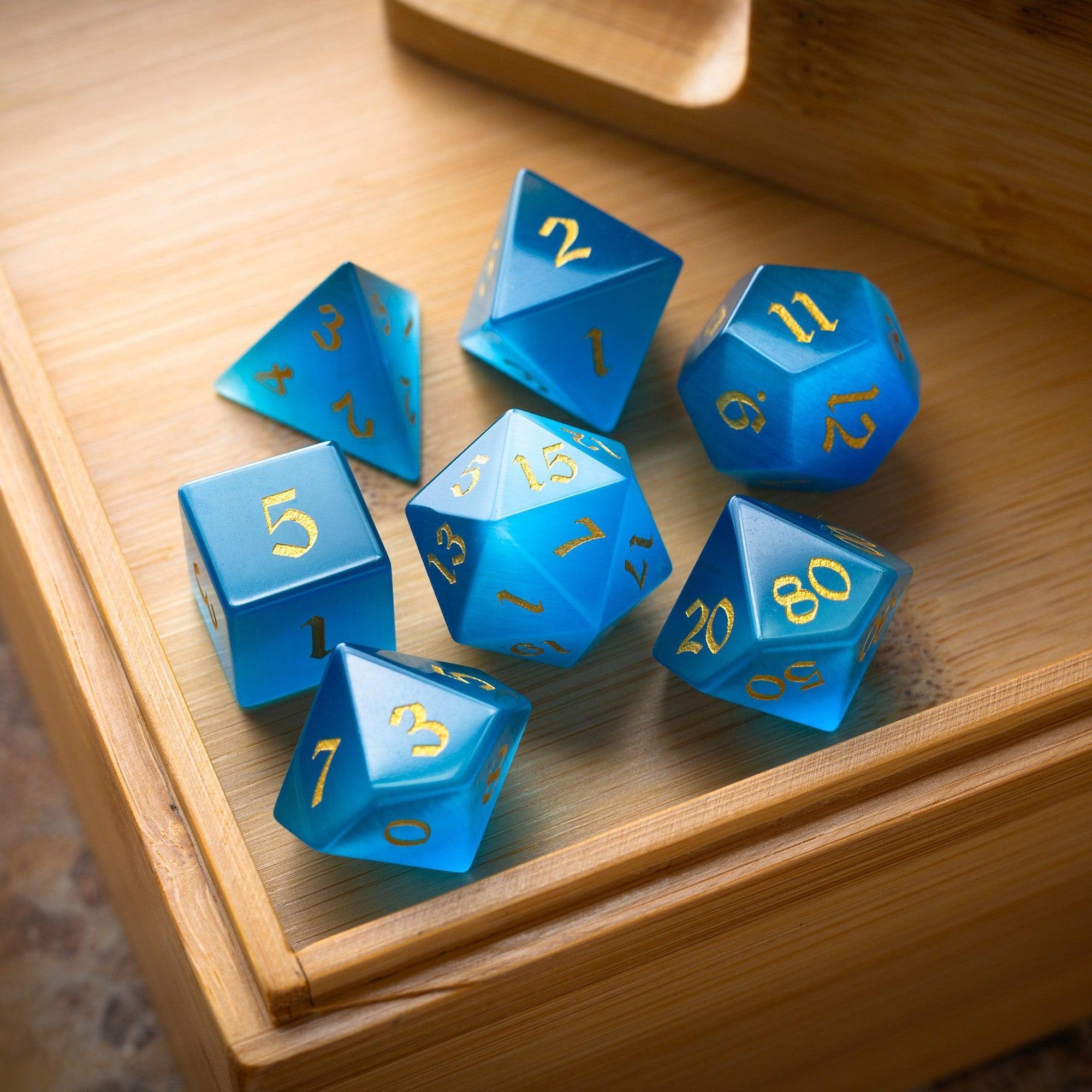 Gemstone Light Blue Cats Eye Stone Hand Carved DND Dice Set - The misfit market
