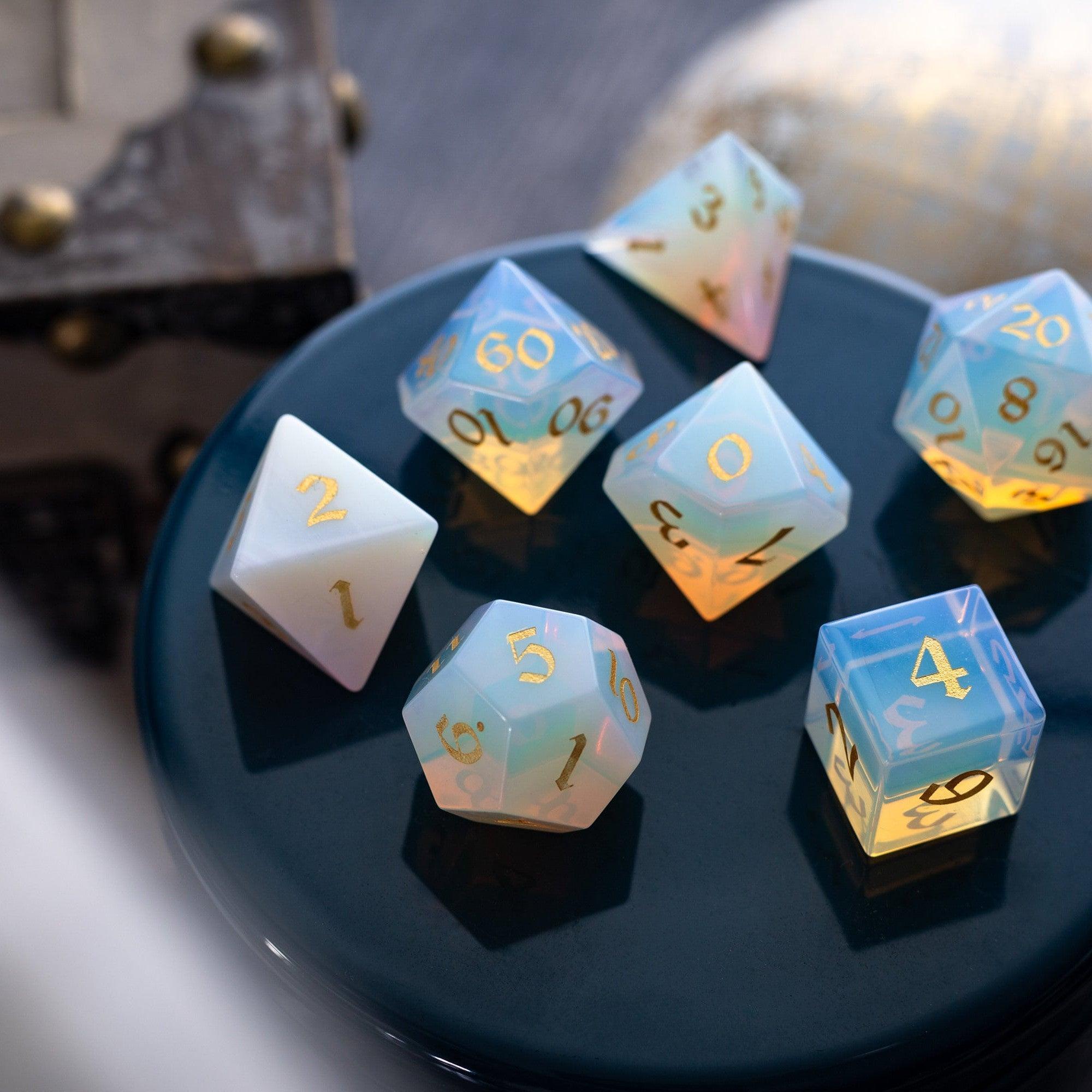 Gemstone Opalite (Gold Font) Hand Carved DND Dice Set - The misfit market