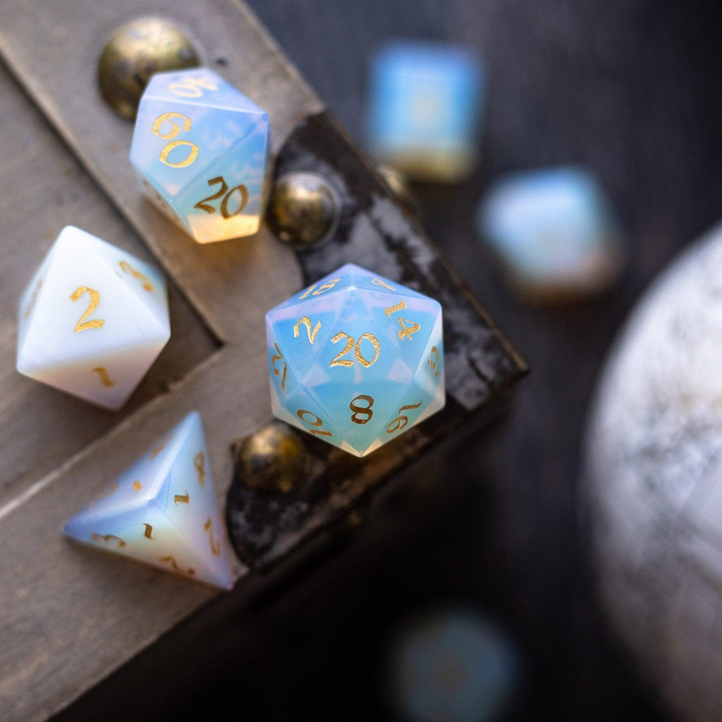 Gemstone Opalite (Gold Font) Hand Carved DND Dice Set - The misfit market