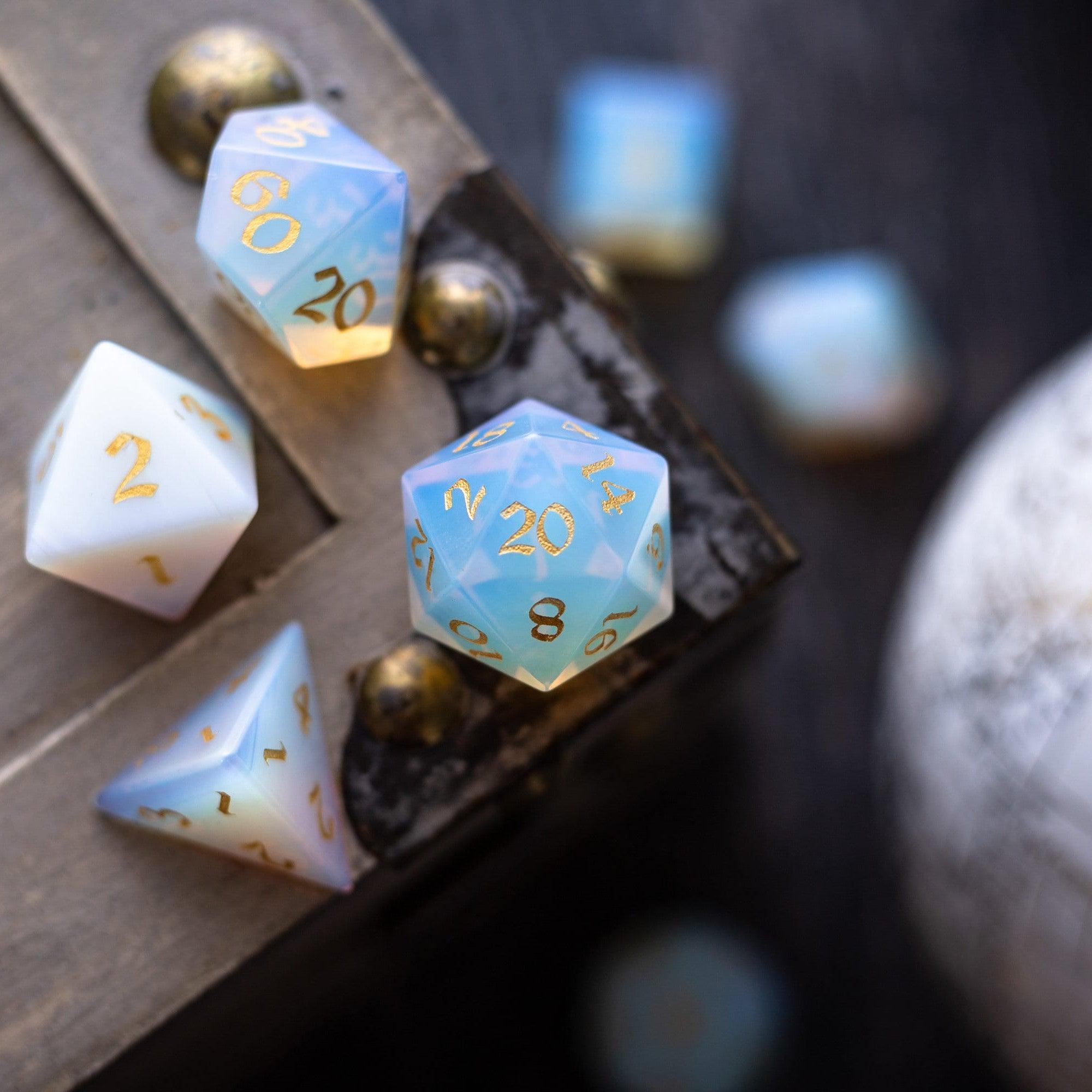 Gemstone Opalite (Gold Font) Hand Carved DND Dice Set - The misfit market