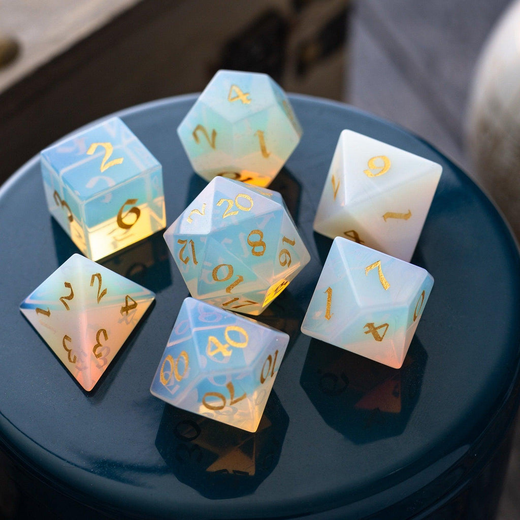 Gemstone Opalite (Gold Font) Hand Carved DND Dice Set - The misfit market