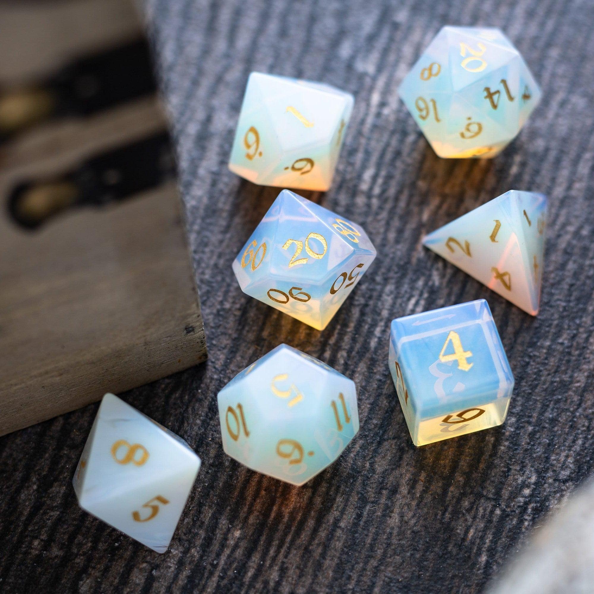 Gemstone Opalite (Gold Font) Hand Carved DND Dice Set - The misfit market