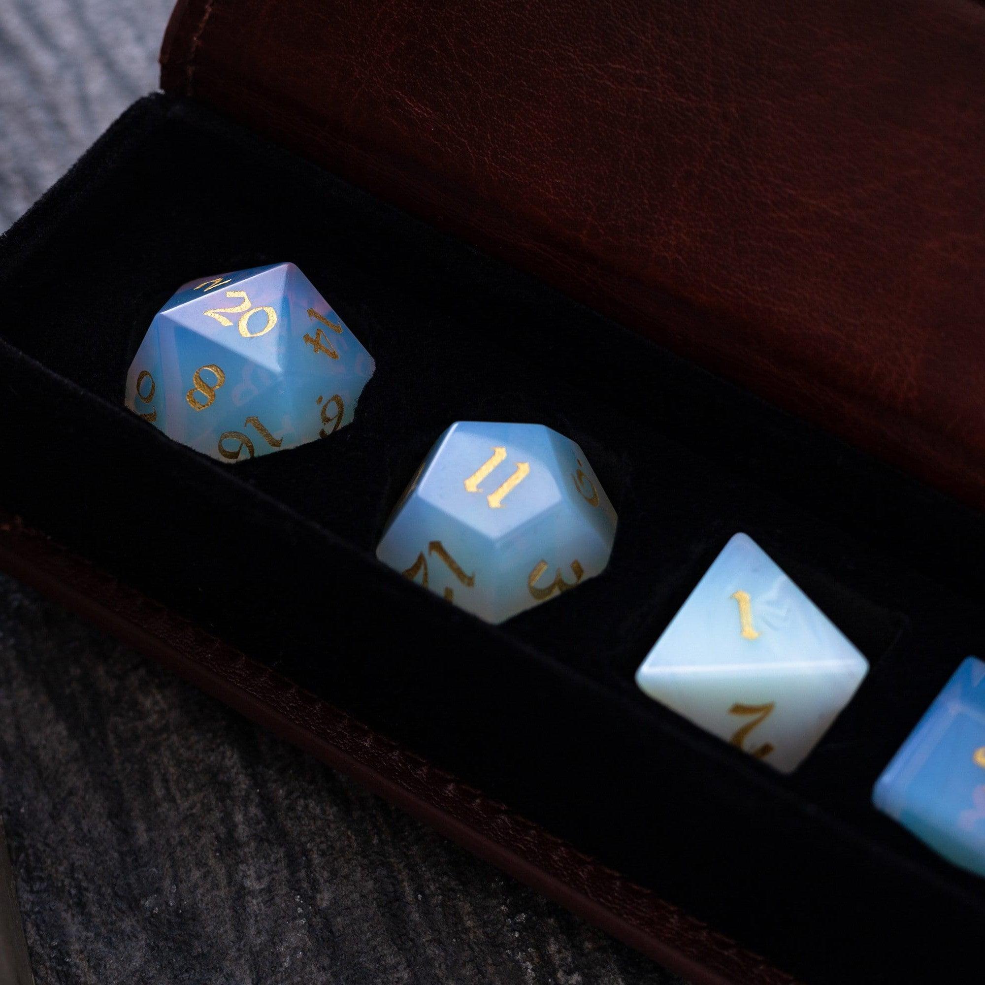 Gemstone Opalite (Gold Font) Hand Carved DND Dice Set - The misfit market