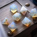 Gemstone Opalite (Gold Font) Hand Carved DND Dice Set - The misfit market