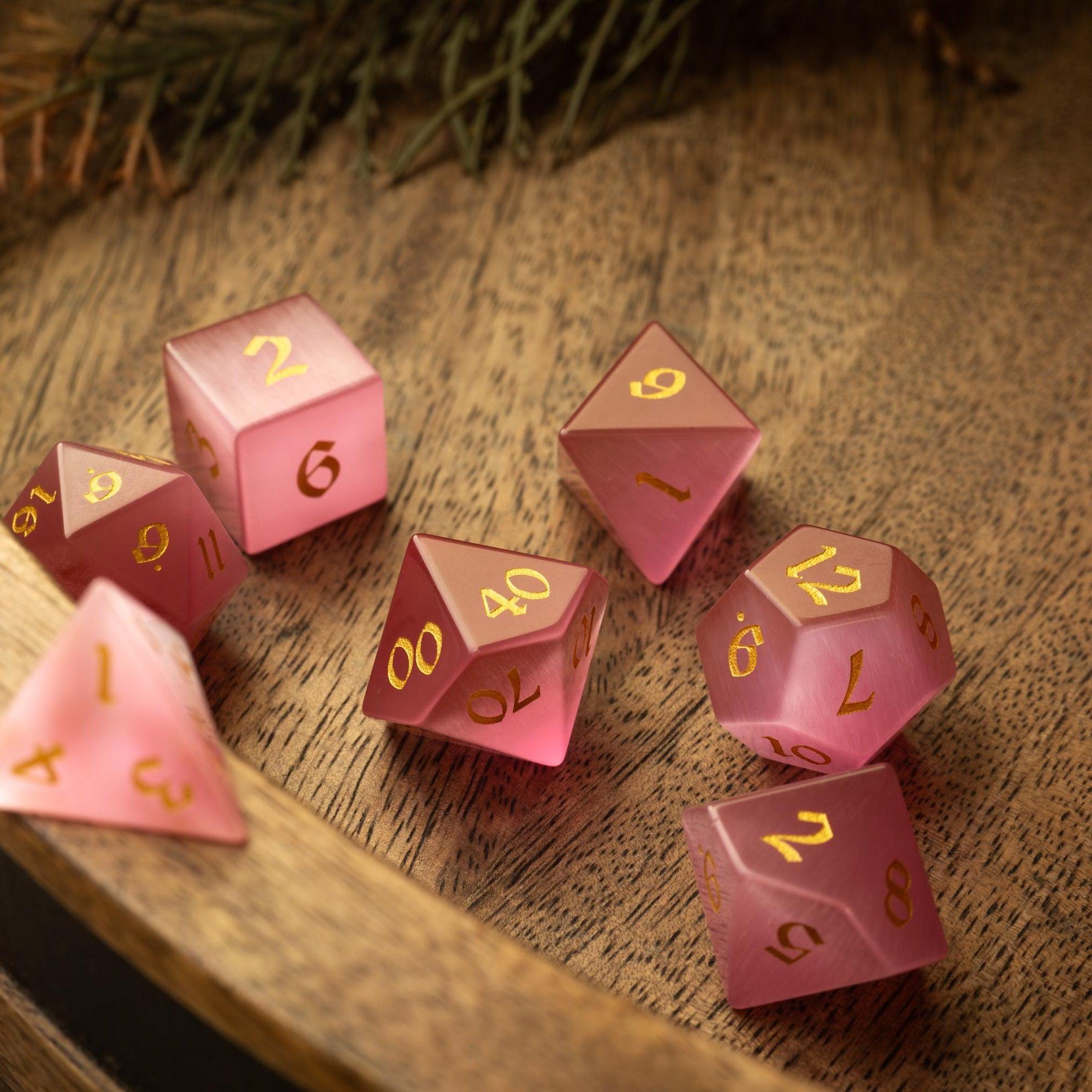 Gemstone Pink Watermelon Cats Eye Stone Hand Carved DND Dice Set - The misfit market