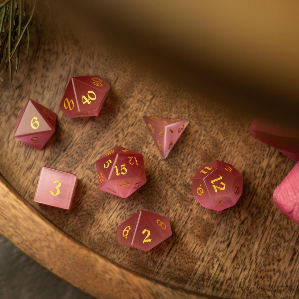 Gemstone Pink Watermelon Cats Eye Stone Hand Carved DND Dice Set - The misfit market
