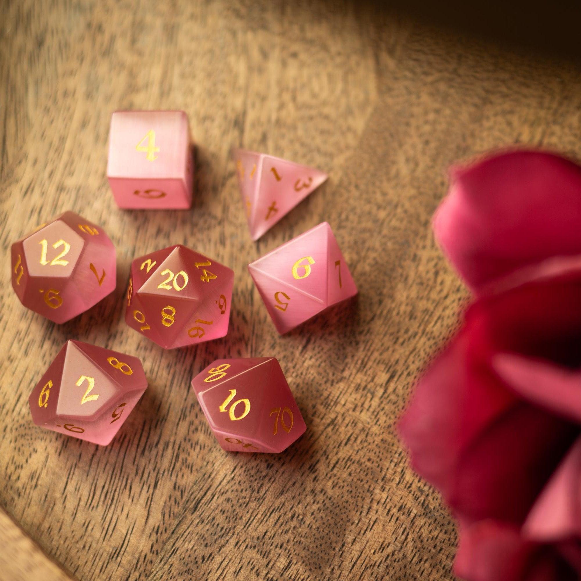 Gemstone Pink Watermelon Cats Eye Stone Hand Carved DND Dice Set - The misfit market