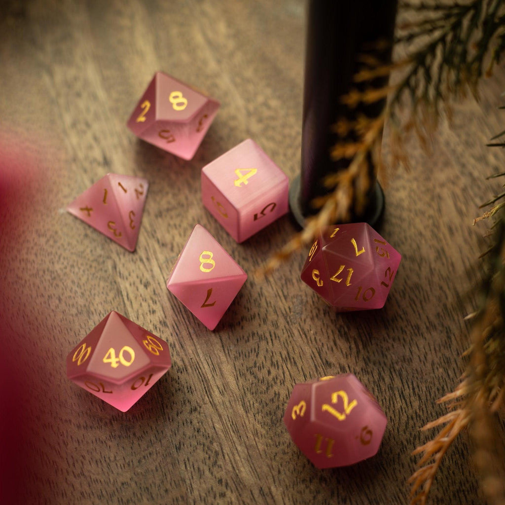 Gemstone Pink Watermelon Cats Eye Stone Hand Carved DND Dice Set - The misfit market