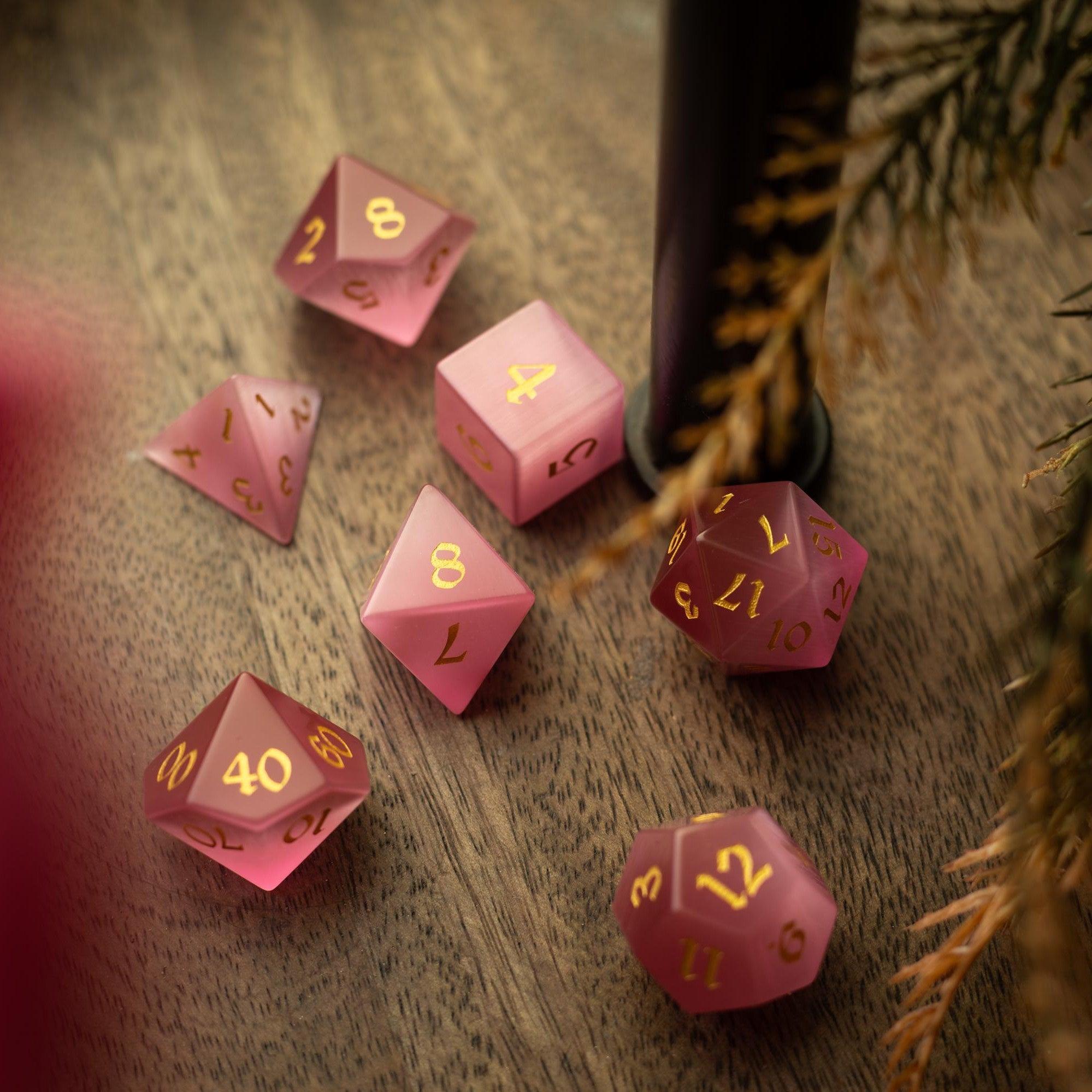Gemstone Pink Watermelon Cats Eye Stone Hand Carved DND Dice Set - The misfit market