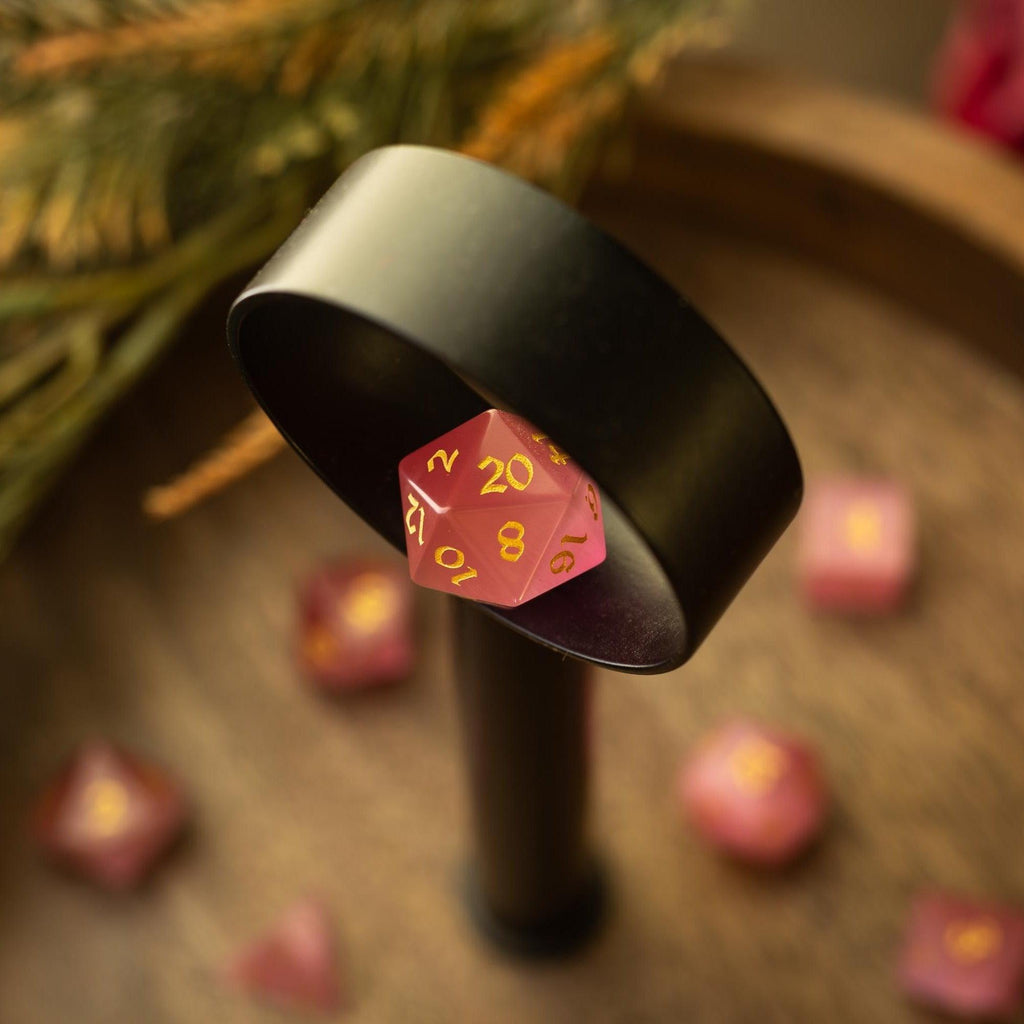 Gemstone Pink Watermelon Cats Eye Stone Hand Carved DND Dice Set - The misfit market