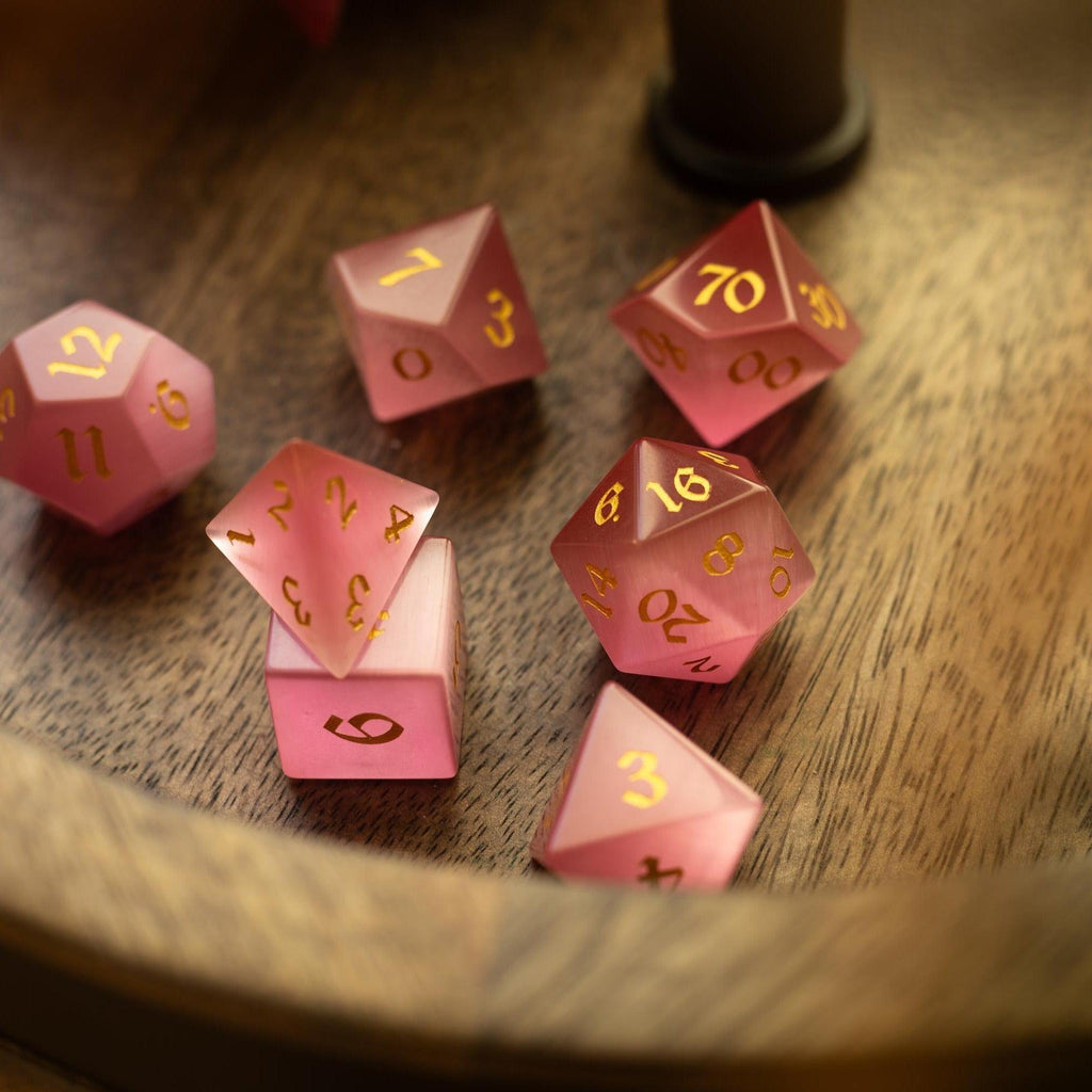 Gemstone Pink Watermelon Cats Eye Stone Hand Carved DND Dice Set - The misfit market