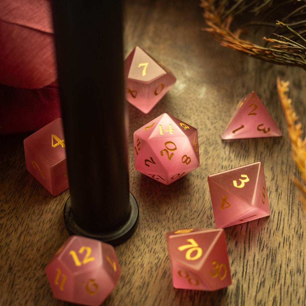 Gemstone Pink Watermelon Cats Eye Stone Hand Carved DND Dice Set - The misfit market