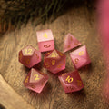 Gemstone Pink Watermelon Cats Eye Stone Hand Carved DND Dice Set - The misfit market
