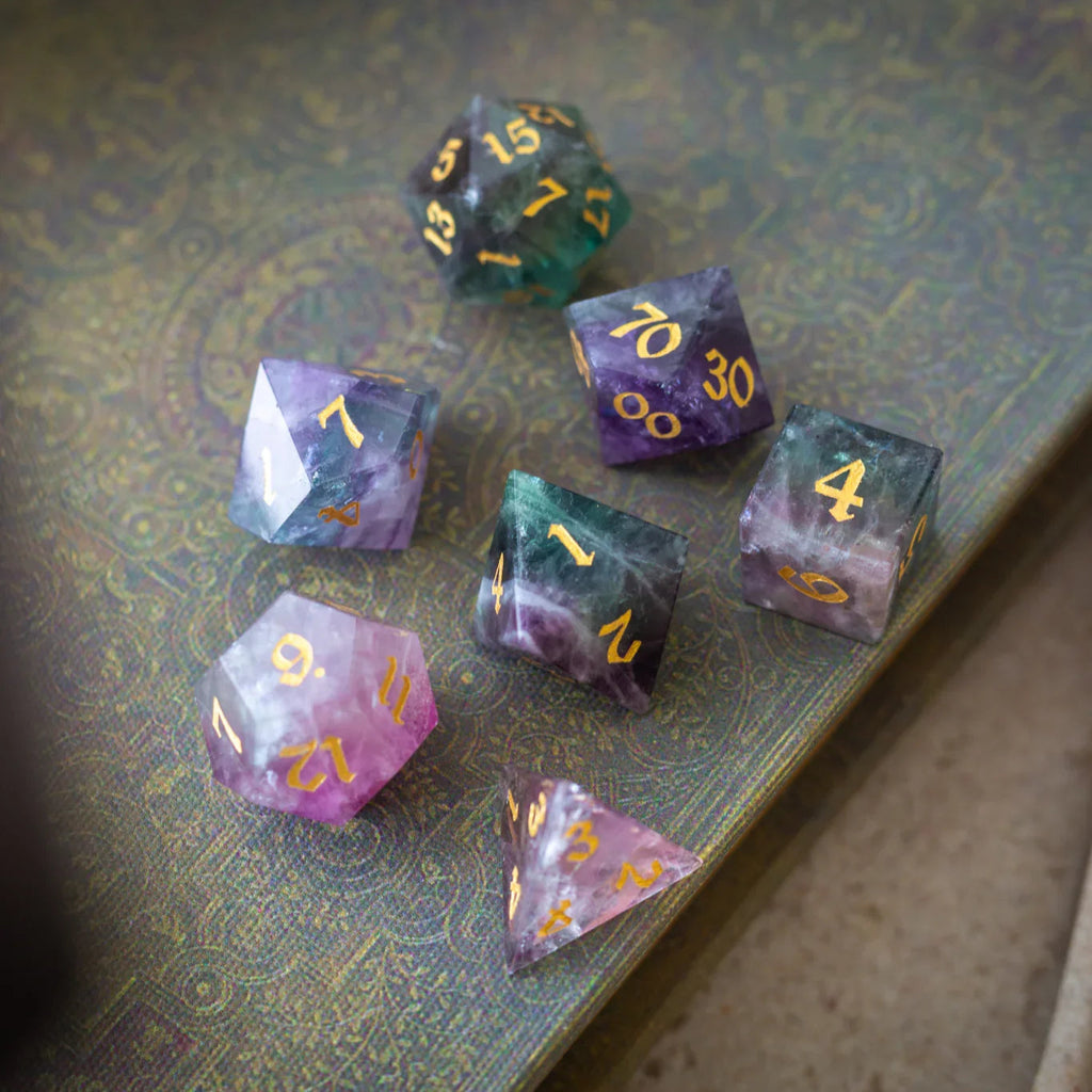 Gemstone Rainbow Fluorite Hand Carved DND Dice Set - The misfit market