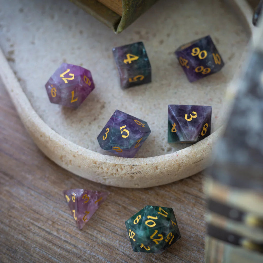 Gemstone Rainbow Fluorite Hand Carved DND Dice Set - The misfit market