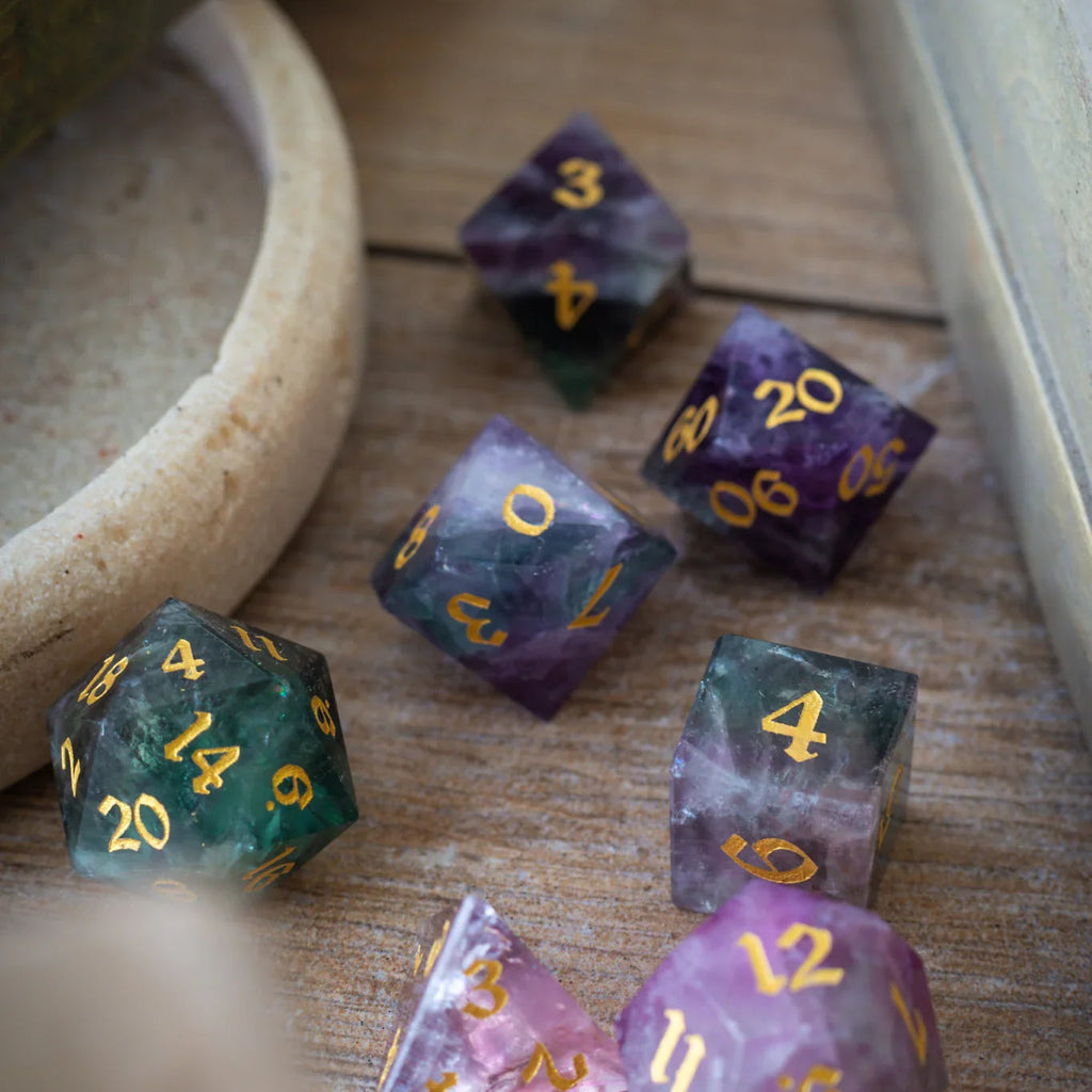 Gemstone Rainbow Fluorite Hand Carved DND Dice Set - The misfit market