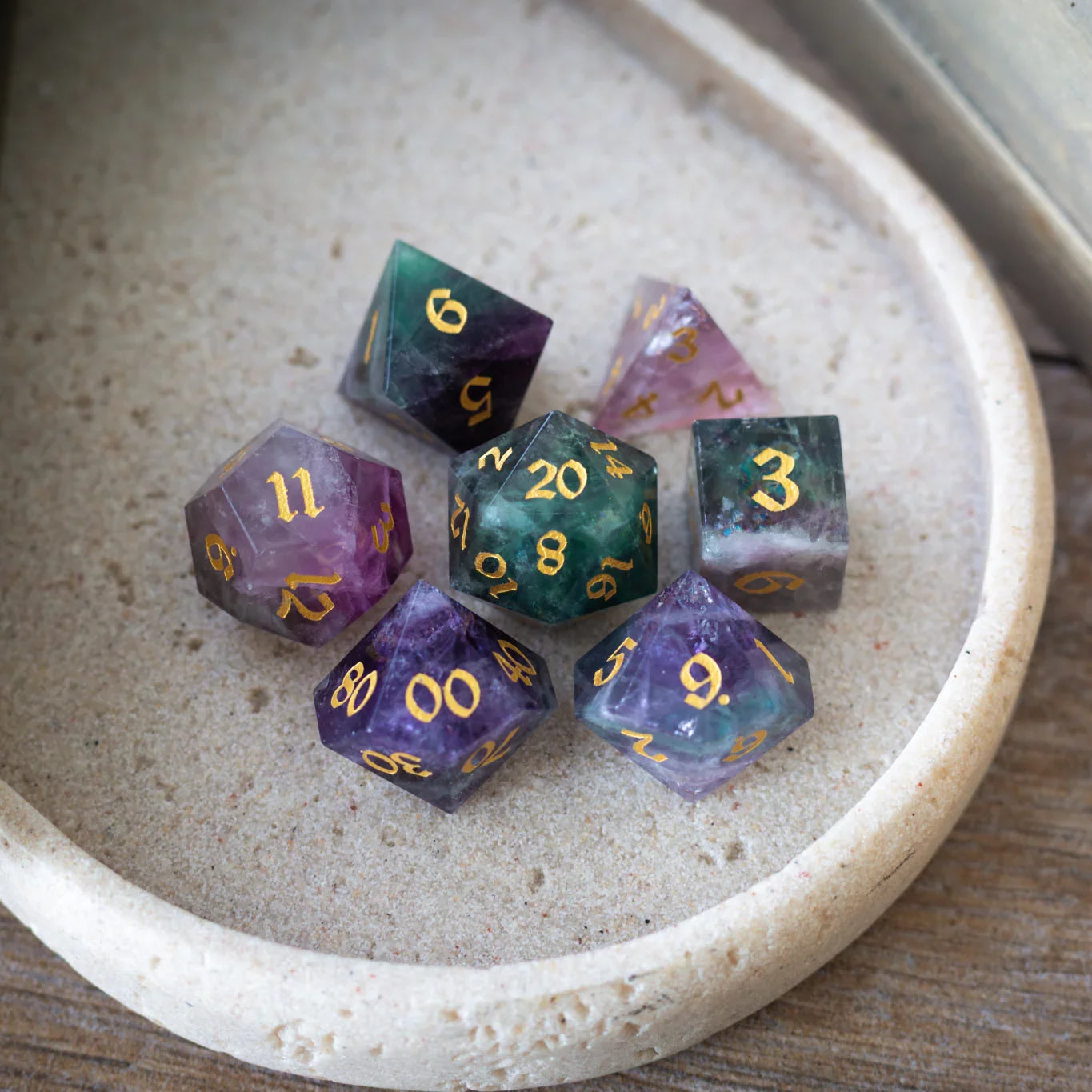 Gemstone Rainbow Fluorite Hand Carved DND Dice Set - The misfit market