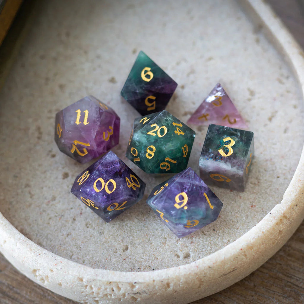 Gemstone Rainbow Fluorite Hand Carved DND Dice Set - The misfit market