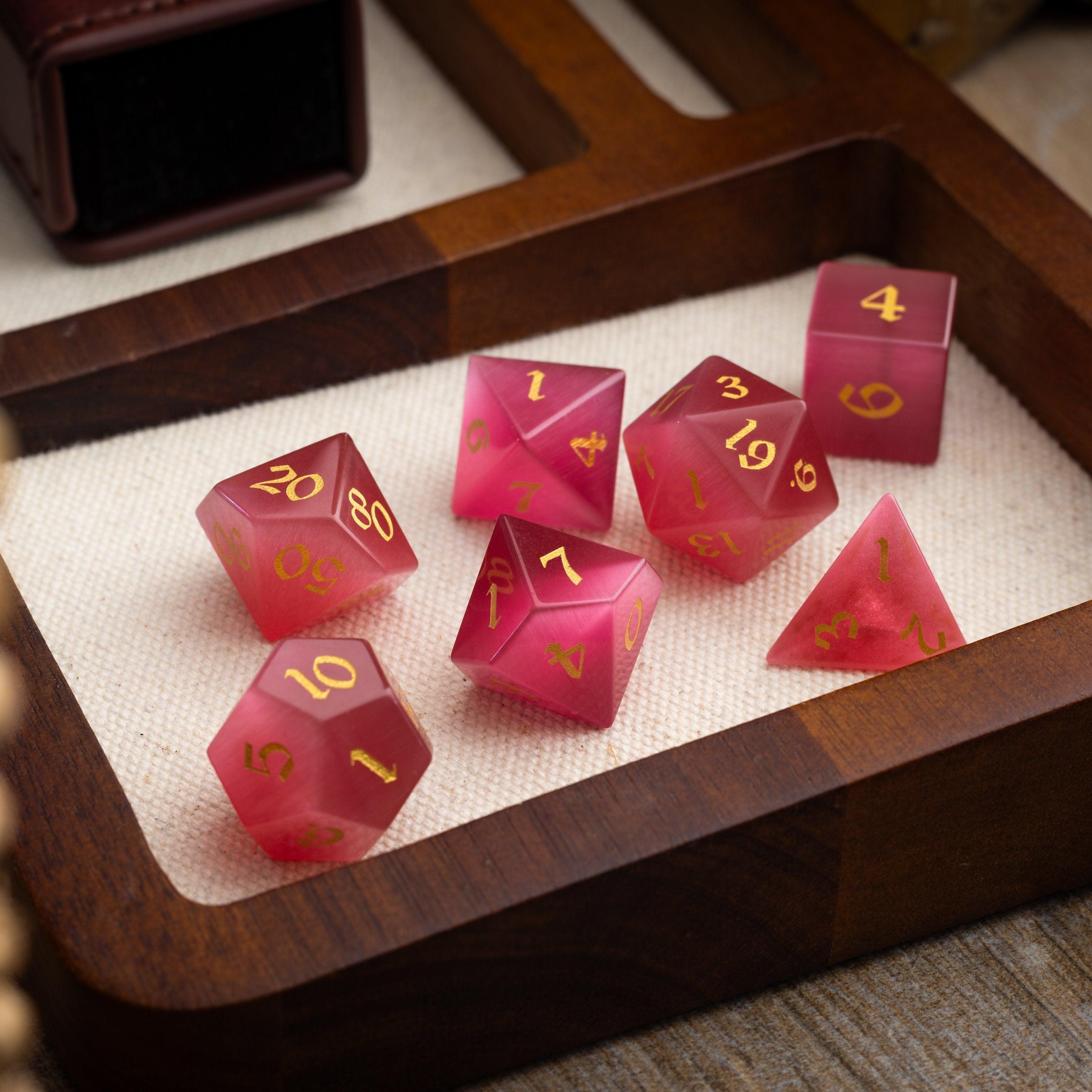 Gemstone Rose Red Cats Eye Stone Hand Carved DND Dice Set - The misfit market