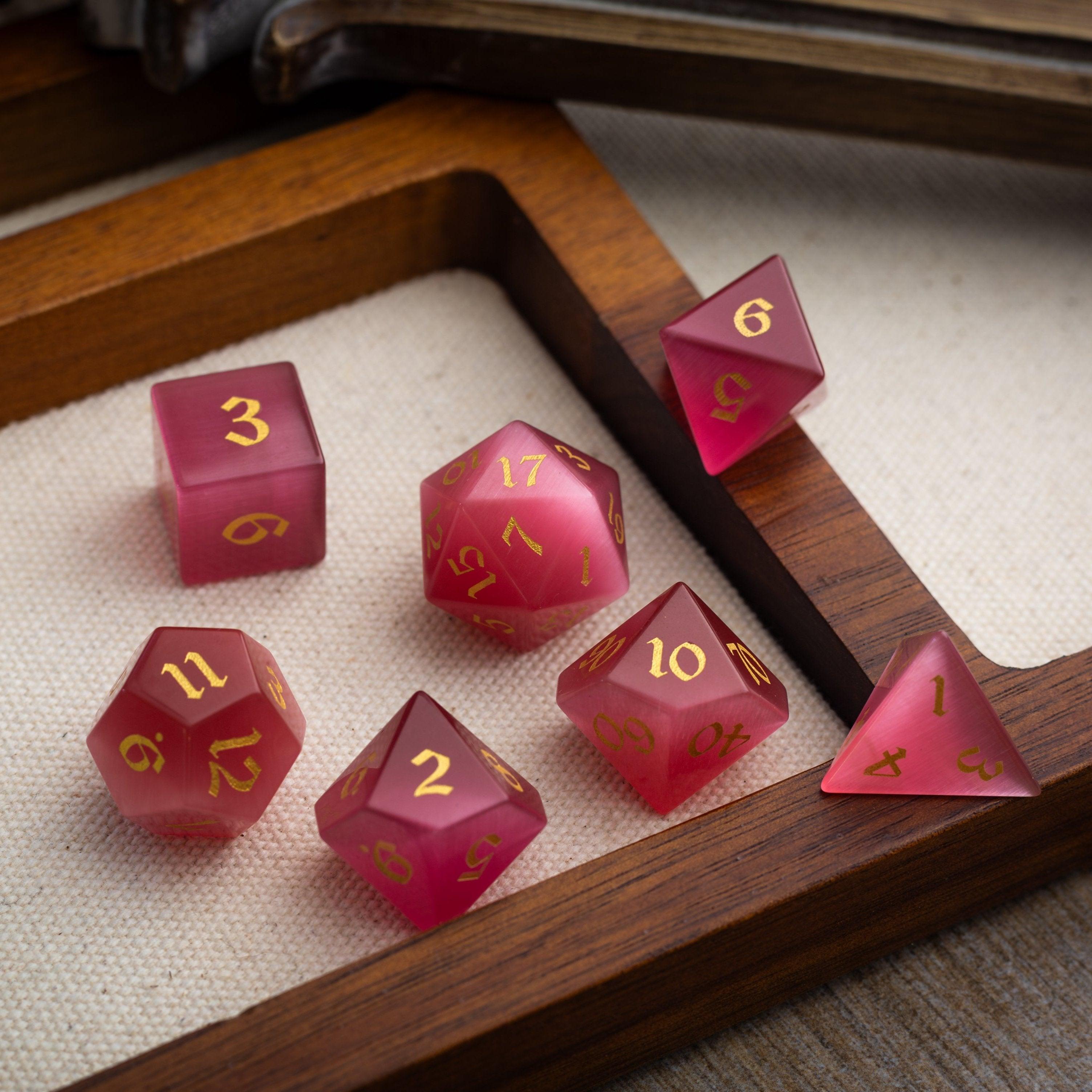 Gemstone Rose Red Cats Eye Stone Hand Carved DND Dice Set - The misfit market