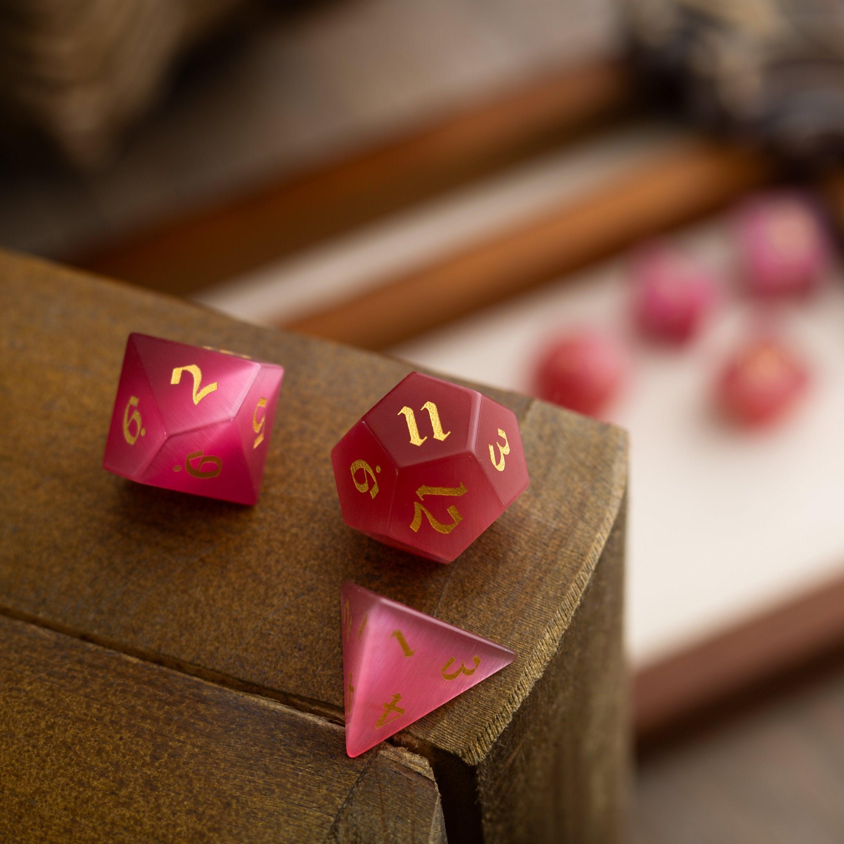 Gemstone Rose Red Cats Eye Stone Hand Carved DND Dice Set - The misfit market