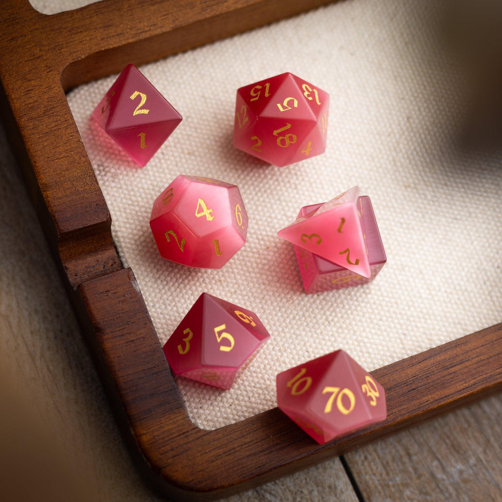 Gemstone Rose Red Cats Eye Stone Hand Carved DND Dice Set - The misfit market