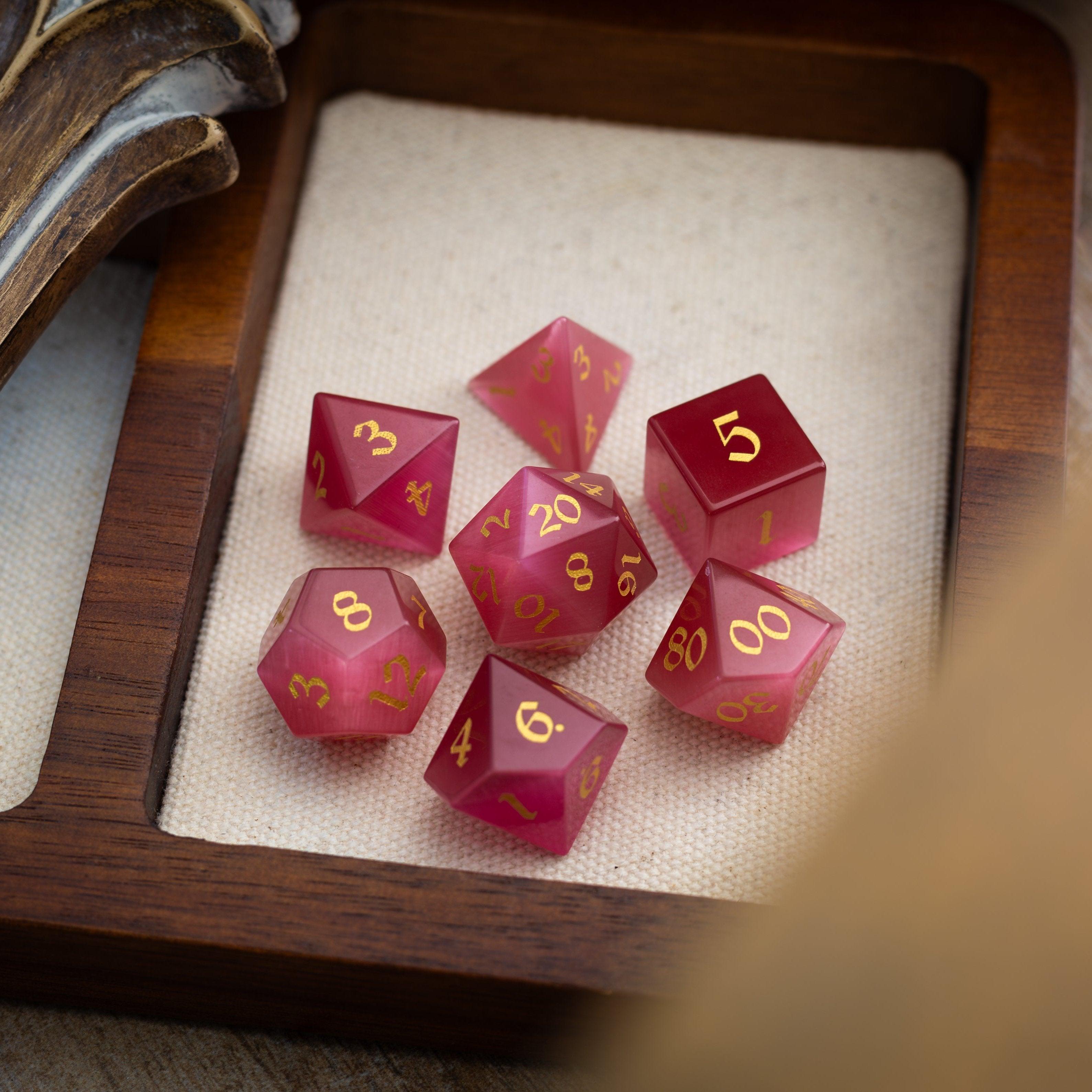 Gemstone Rose Red Cats Eye Stone Hand Carved DND Dice Set - The misfit market