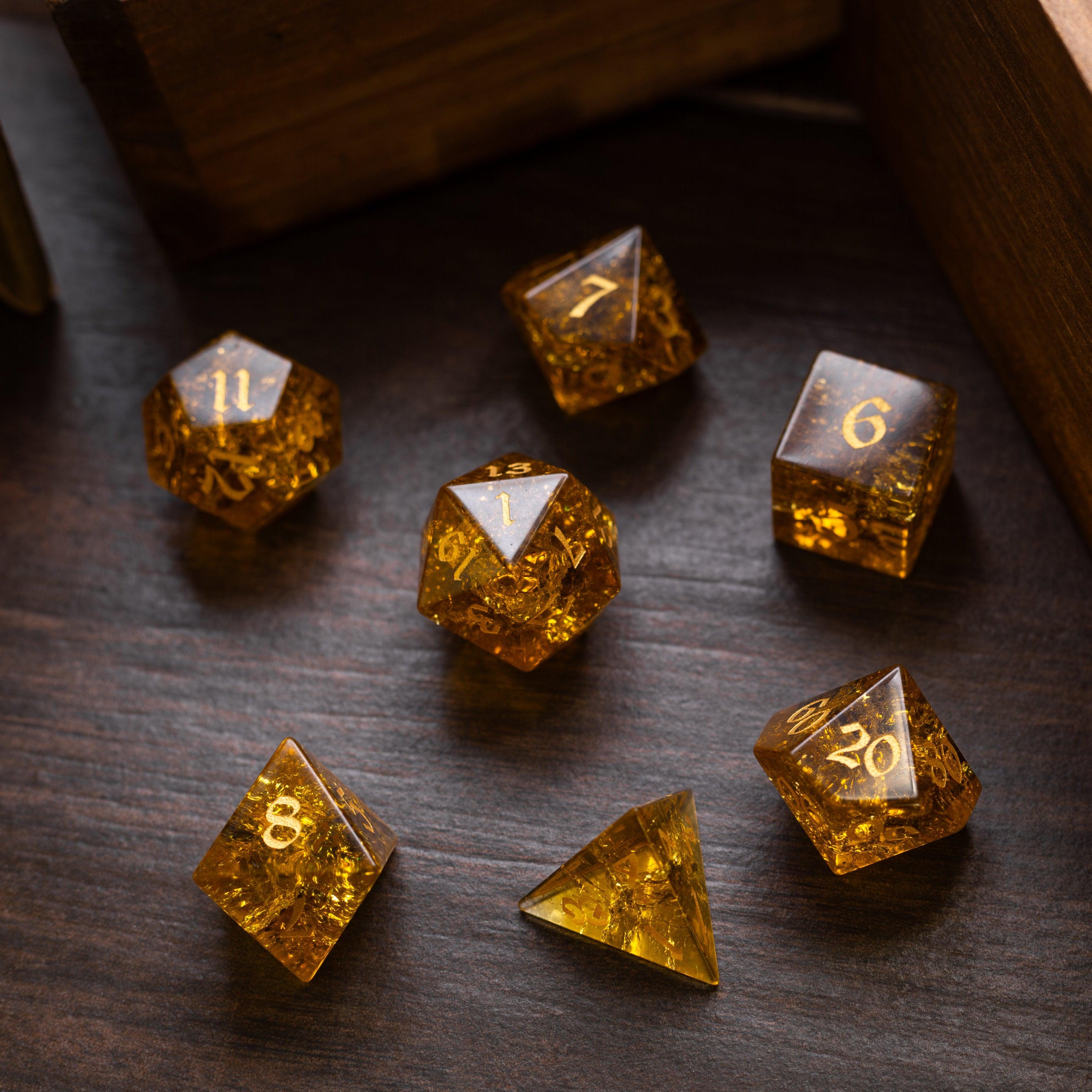 Gold Honey Lightning Cracked Glass DND Dice Set - The misfit market