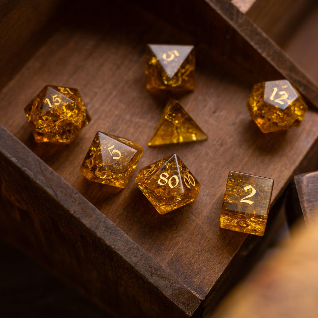 Gold Honey Lightning Cracked Glass DND Dice Set - The misfit market