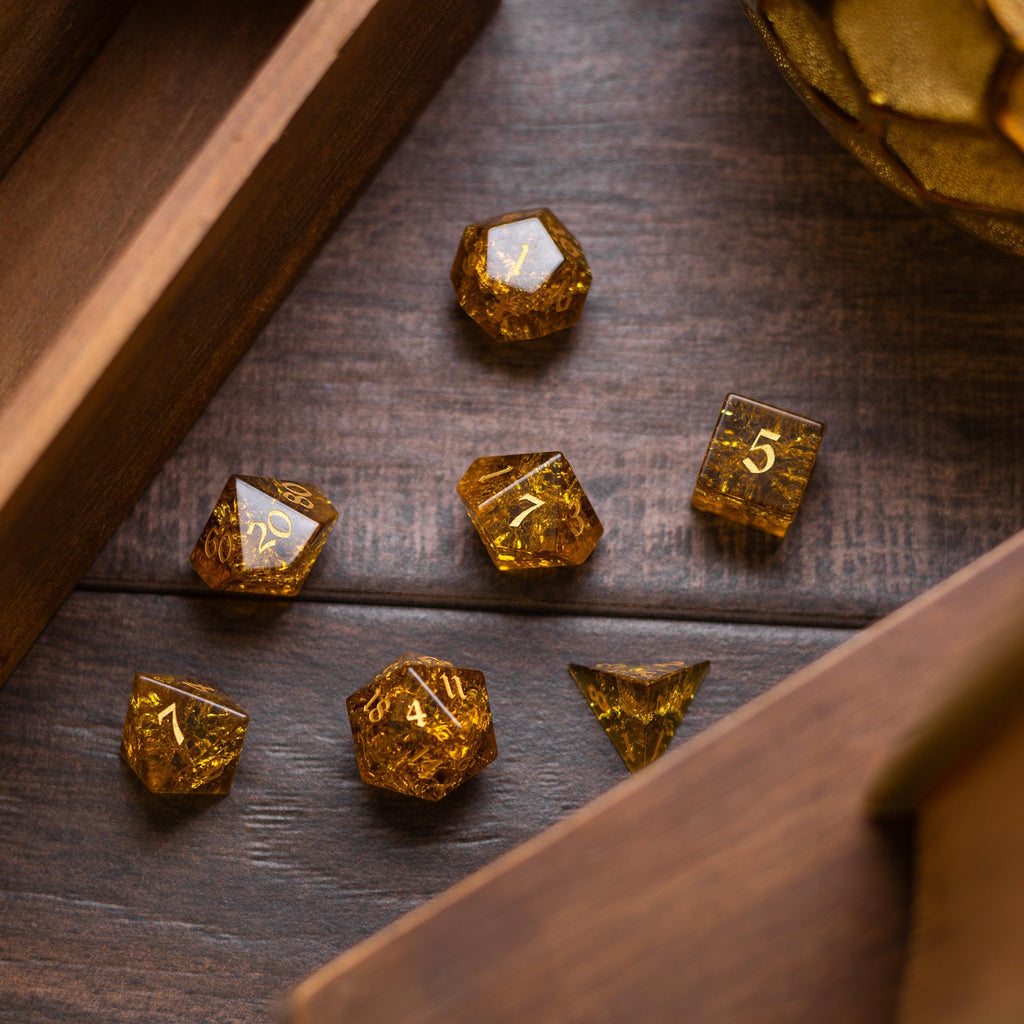 Gold Honey Lightning Cracked Glass DND Dice Set - The misfit market