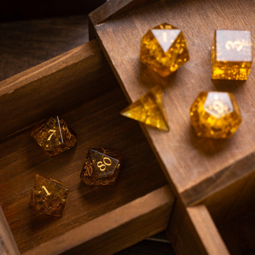 Gold Honey Lightning Cracked Glass DND Dice Set - The misfit market