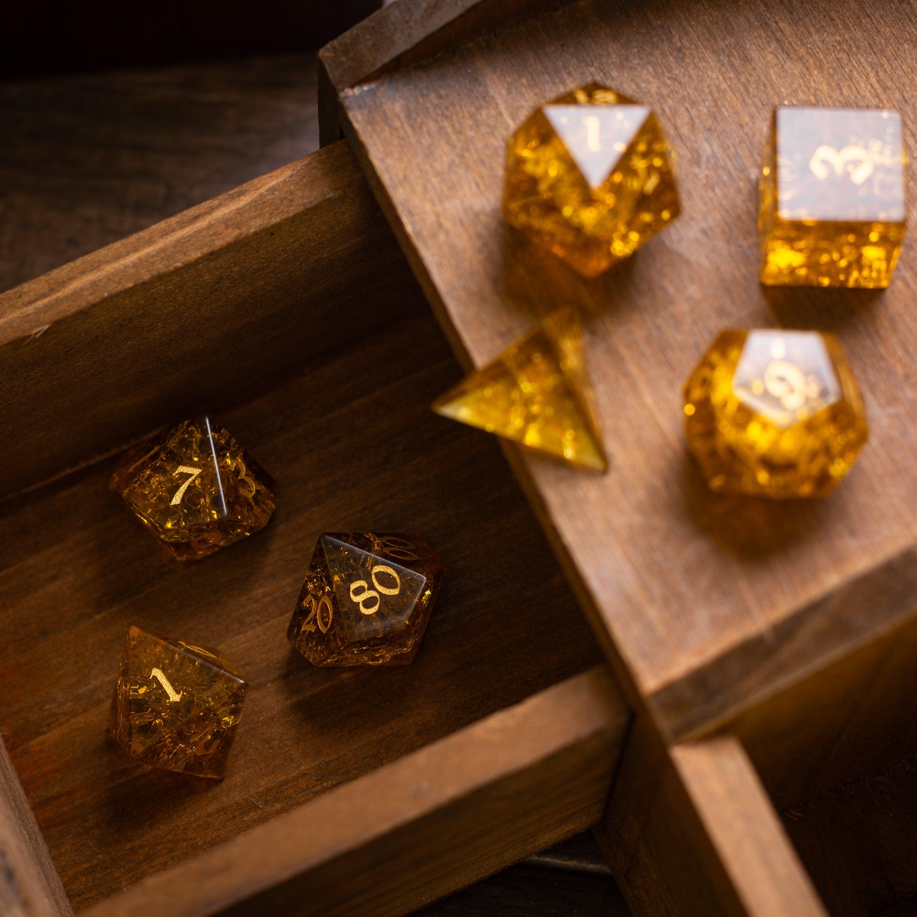 Gold Honey Lightning Cracked Glass DND Dice Set - The misfit market