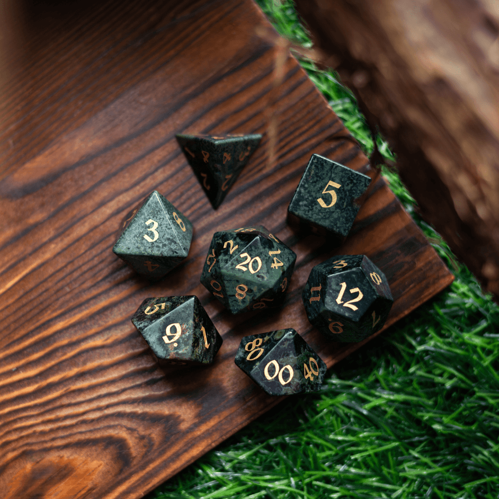 Green Eyed Hand Carved Gemstone DND Dice Set - The misfit market